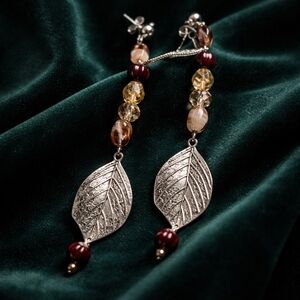 Elegant Handcrafted Silver Leaf And Crystal Beads Dangle Earrings